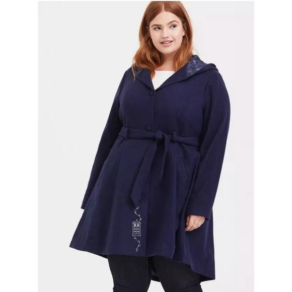 Her Universe Doctor Who TARDIS Blue Hooded Fit & Flare Woolen Trench Jacket 0/12 - Picture 2 of 12